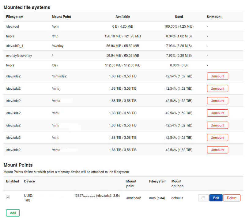 Example mountpoints of the OpenWrt\u00a0NAS