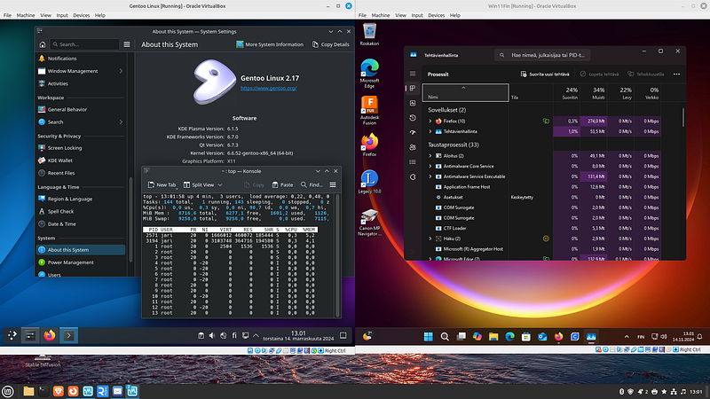 Idling Gentoo, Windows 11 on Linux\u00a0Mint
