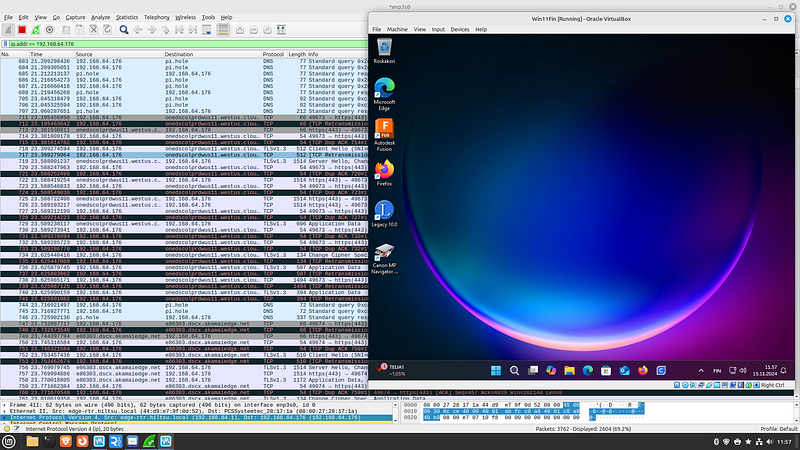Windows 11 as a guest, Wireshark debug\u00a0screen